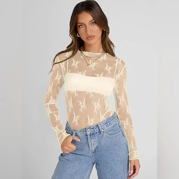 NEW ✨️$15 Elegant Cream Sheer Lace Top - Picture 1 of 3